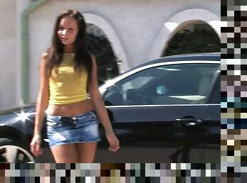 Playing with her tiny fanny in a car cleaning scenario