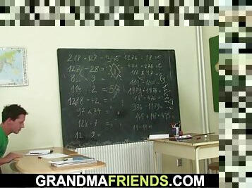 60 yo granny teacher is pounded by two boys