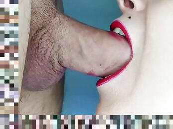 Close-up sloppy blowjob for two amazing cumshots one for the mouth, one for the face