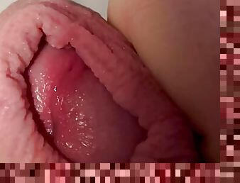 close up Jerking and playing with my wet cock and foreskin