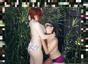Lesbian sluts lick each others hairy pussy outdoors