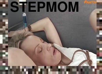 Horny stepmom fucks her stepson in tan pantyhose when her husband is away
