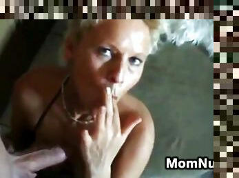 Blonde mom washes and sucks cock
