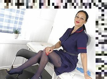enfermeira, meia-calça, mulher-madura, pés, britânico, fetiche, uniforme, morena, nylon, falando