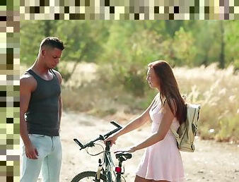 Young hottie Morgan Rodriguez meets a helpful man in the wild