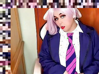 Cute chubby cosplay trans masturbating until peeing