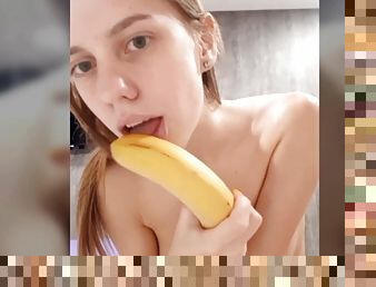 Two girls suck a dildo and a banana