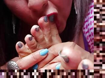 Busty brunette foot fetish and nylon footjob