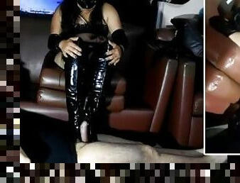 Bootjob in thigh high otk stiletto boots of patent leather by Fetishwife wearing leather clothes