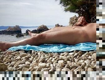 mastrubacija, nudist, javno, amaterski, prihajanje, velik-penis, drkanje, plaža, prihaja, potrebna