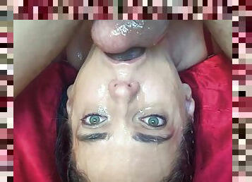 Upside down deep throat with balls in face