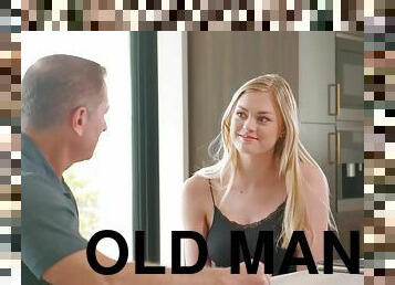 Slender blonde teen enjoys morning sex with her old man