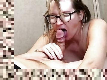 Amateur MILF blowjob with frenulum licking aerial cum spurts / cum ropes