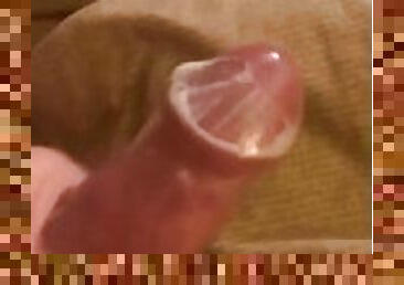 Jacking dick in condom, showing creamy precum no cumshot