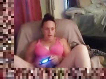 Pretty Gamer Girl Smoking In Sexy Pink Lingerie Playing Video Games (Upskirt and Panties)