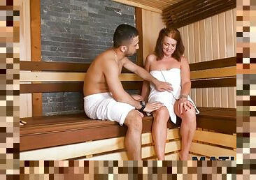 MATURE4K. Sauna expert fucks mature lady with shaved vagina