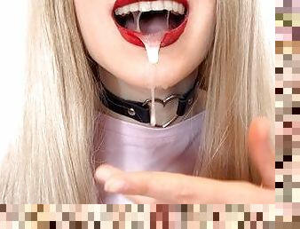 Cum play only! Mouth full of cum, tongue play and red lipstick, eating sperm