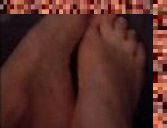 Barefoot wife rubbing my dick with her feet and some light CBT before bed