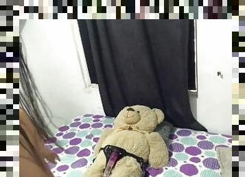 lesbian rides teddy bear with strap-on