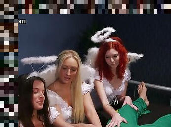 PURE CFNM HD CFNM cosplay teens jerk off and suck lucky cock in group
