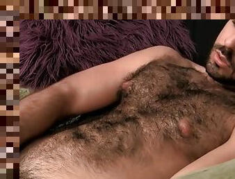 Hairy amateur Dominic cums all over his burly body solo