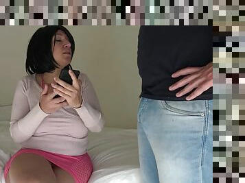 Stepmom finds porn on her phone and stepson masturbates in front of her
