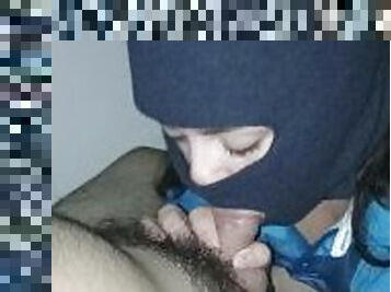 My hooded wife sucking my dick in the sex room