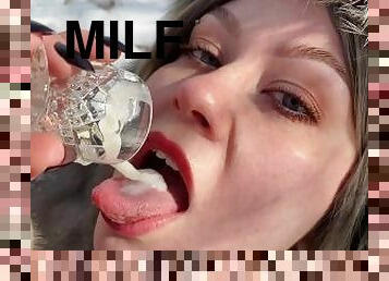 Slavic Milf drinks FROZEN Cum out of glass clip
