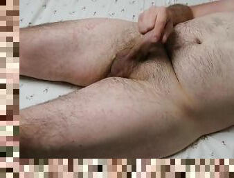 Hairy man masturbate and cum while laying on the bed nude