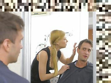 Sex at the barber shop with a blonde addicted to cock