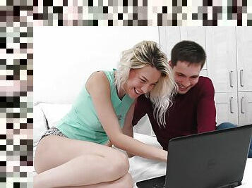 Cute blonde suits boyfriend with the best fuck in his life