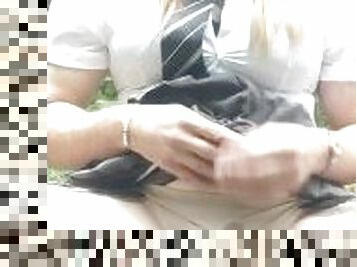 Schoolgirl tranny slut wanking in the woods