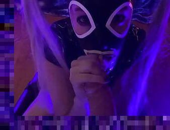 Latex hooded sloppy blowjob pov