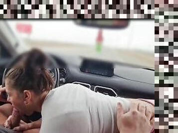 HIGHWAY BLOWJOB with a messy CUMSHOT. She couldn't help herself!!