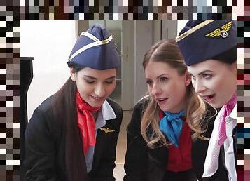 Alluring stewardesses devour cock together in mind-blowing group scenes