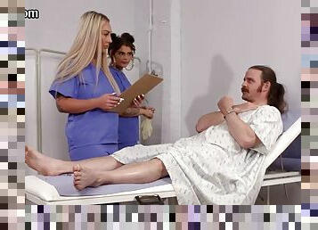 CFNM nurses suck and jerk off patients with big cock in 3some