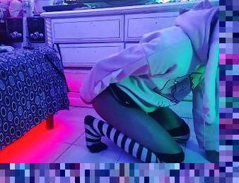 Teen femboy in chastity playing on the floor