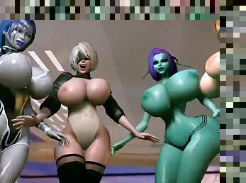 Multiple sexy characters ghost dance to move their huge bouncing assets