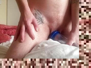 Frustrated FTM fucks penis pump with huge t-dick while moaning