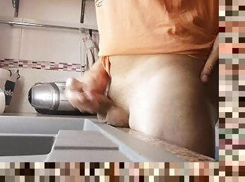 Hot guy getting hard, jerking and cumming into the kitchen sink