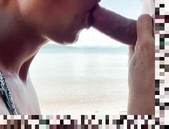 A milf masturbates on the beach, then offers a blowjob to a tourist. Cumshot on the face.