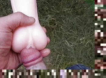 masturbation, utomhus, publik, hemmagjord, avrunkning, massage, samling, creampie, pov, sprut