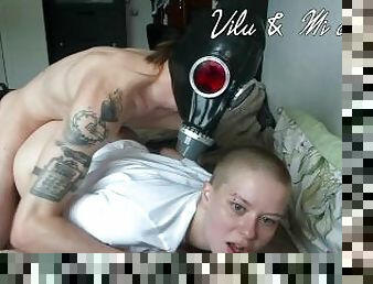 Skinny Gasmask Guy Dominates Bald Slut Dogystyle (web cam clip)