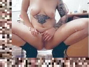 Crouched Down Stripper Boots Naked Playing with Pussy