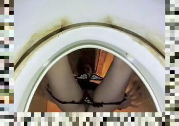 Pissing girlfriend in public toilet (view from toilet)