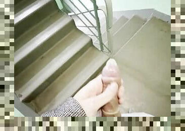 4K POV Two loads in one condom. Jerking off on a stairwell wearing grey sweatpants