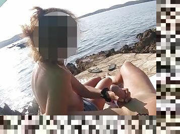 French Couple Amateur Stepmom Handjob On Public Nudist Beach In Greece To Her Stepson With Cumshot