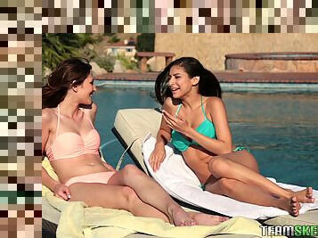 Luxurious babes Nina and Ellena going lesbian by the pool